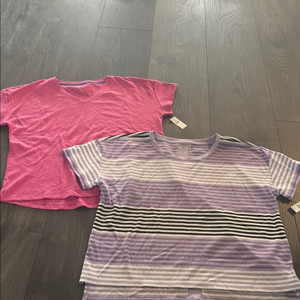 Set of 2 Talbots Pink and Purple /White/Black Striped Elegant Knit Tops.
